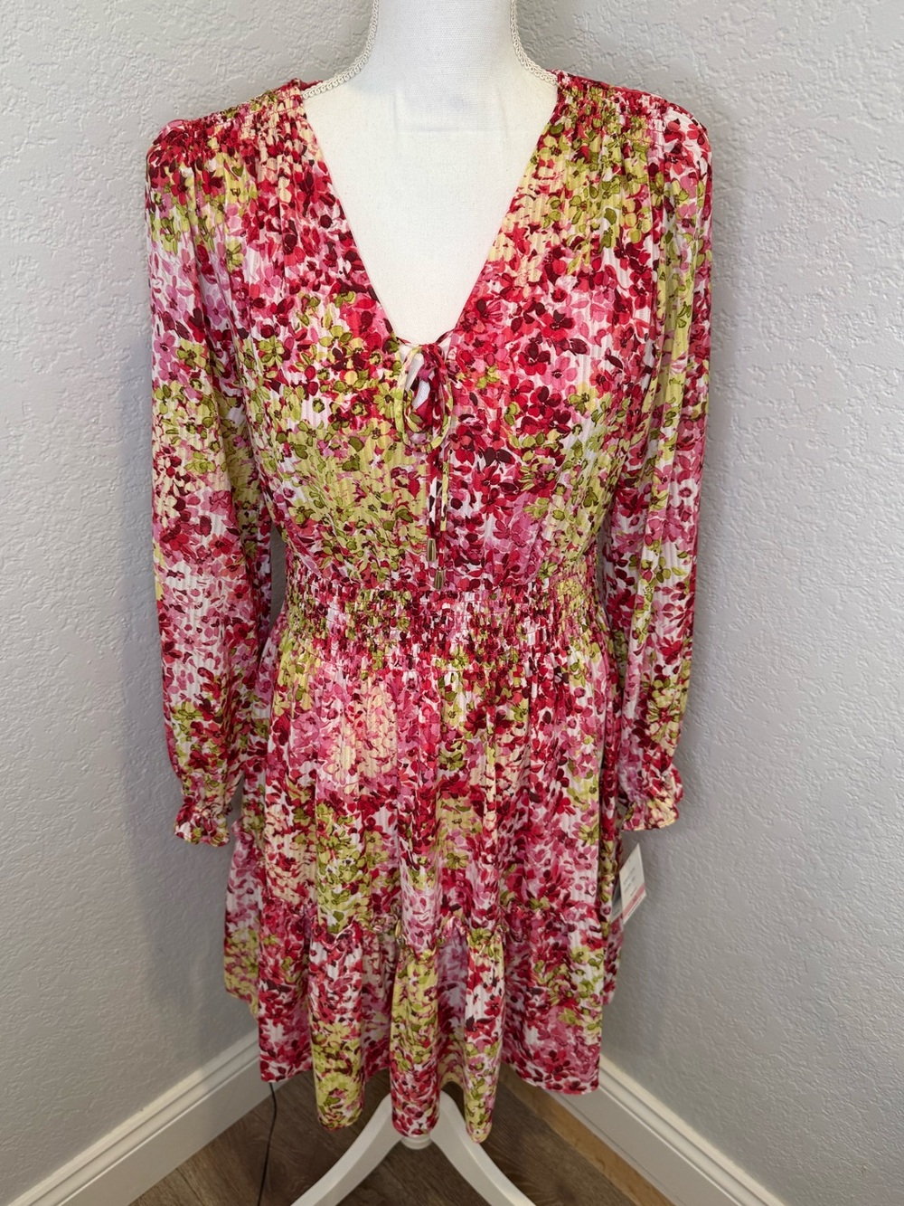 Taylor Pink & Green Floral Tie-Front Long Sleeve Mini Dress